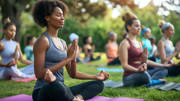 Foto um grupo de mulheres diversas pratica ioga em um parque