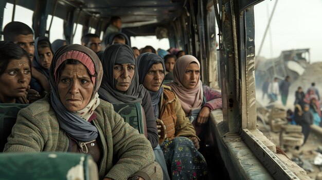 Foto um grupo de mulheres e crianças estão sentadas em um ônibus. todos eles estão usando lenços. o ônibus está em uma zona de guerra e as janelas estão quebradas.