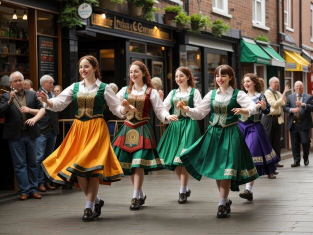 Foto um grupo de mulheres em roupas tradicionais dançando em uma esquina da rua com pessoas assistindo