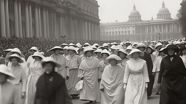 Um grupo de mulheres em vestidos brancos caminha por uma rua com um grande prédio ao fundo.