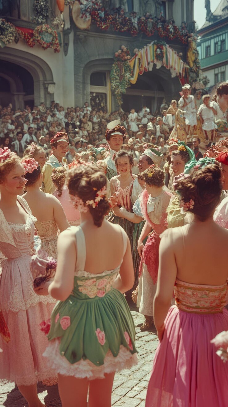 Foto um grupo de mulheres em vestidos tradicionais em uma rua de paralelepípedos com uma multidão de pessoas atrás delas