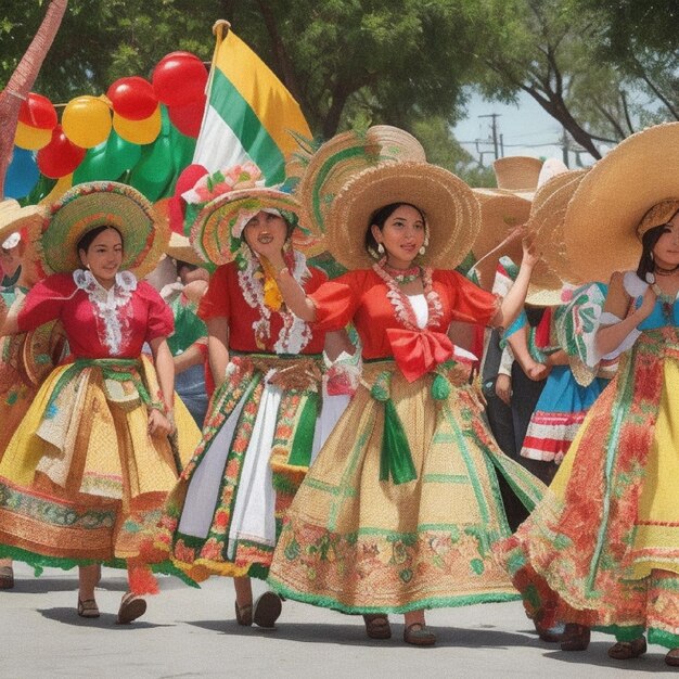 um grupo de mulheres em vestidos tradicionais estão andando na rua com chapéus de sombrero