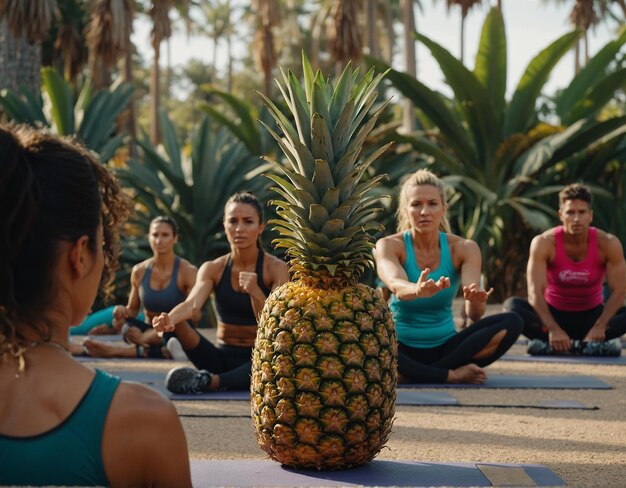 Um grupo de mulheres está fazendo ioga em um tapete com um abacaxi nele