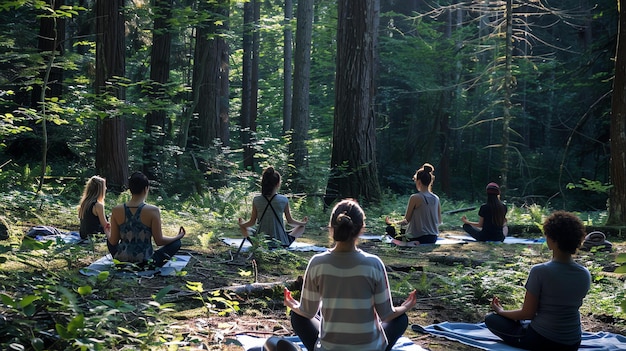 Foto um grupo de mulheres está meditando em uma floresta, todas sentadas em círculo, com os olhos fechados e as mãos apoiadas nos joelhos.