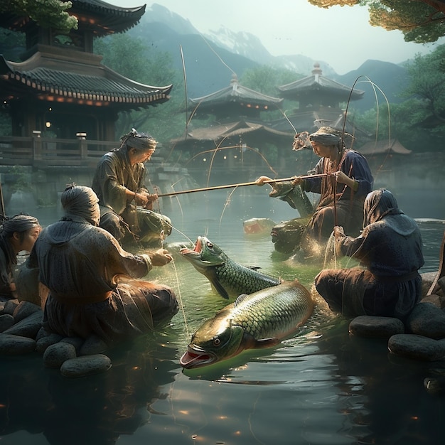 um grupo de mulheres está pescando em um lago com um peixe dentro.