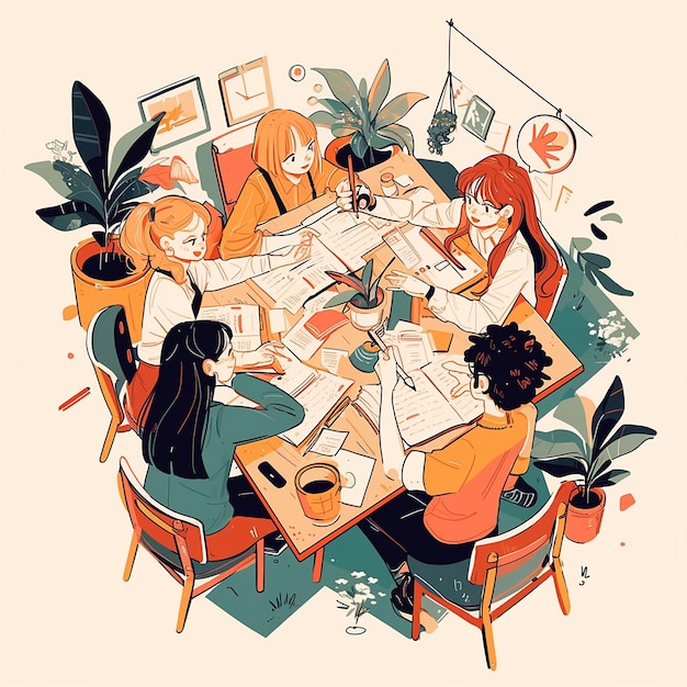 Um grupo de mulheres está sentado em torno de uma mesa trabalhando em um projeto A cena é colaborativa e focada
