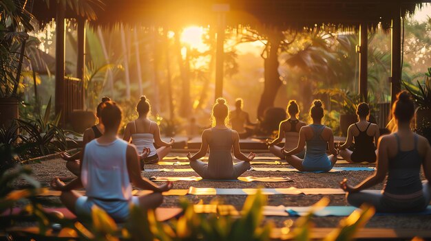 Um grupo de mulheres está sentado em uma postura de ioga em um belo cenário ao ar livre O sol está a pôr-se e as árvores estão em silhueta contra o céu