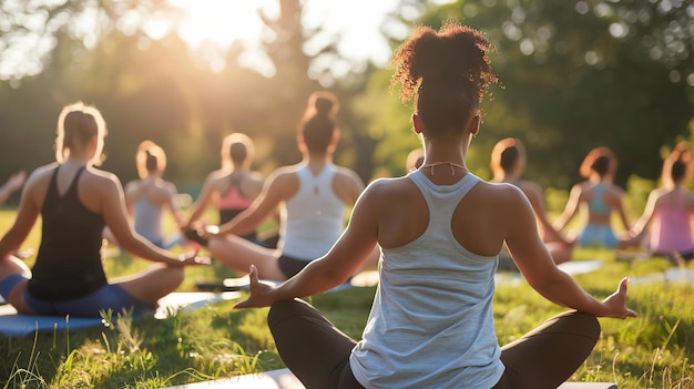 Um grupo de mulheres está sentado em uma postura de ioga em um parque Eles estão todos vestindo roupas esportivas e estão voltados para a mesma direção