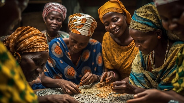 Um grupo de mulheres está trabalhando em uma mesa com uma mesa cheia de grãos.