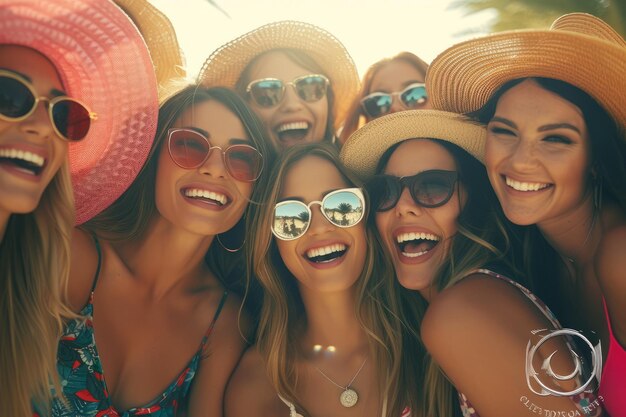 Um grupo de mulheres felizes usando óculos de sol e chapéus de palha estão posando para uma foto