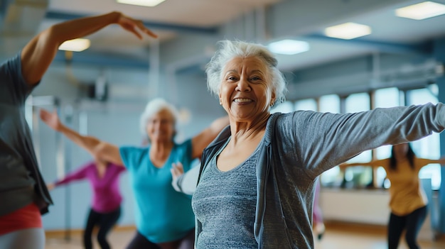 Um grupo de mulheres idosas dançando em uma aula de fitness, todas sorrindo e se divertindo.