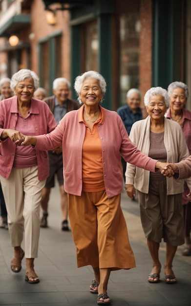 Um grupo de mulheres idosas está caminhando por uma rua.