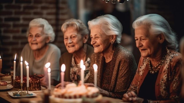 Um grupo de mulheres idosas está sentado a uma mesa com velas acesas.