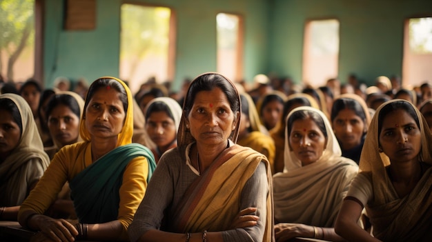 Um grupo de mulheres indianas de meia-idade sentadas em uma sala de aula em grupo de educação em um centro comunitário