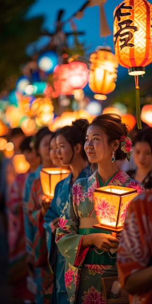Um grupo de mulheres japonesas vestindo kimonos tradicionais e carregando lanternas