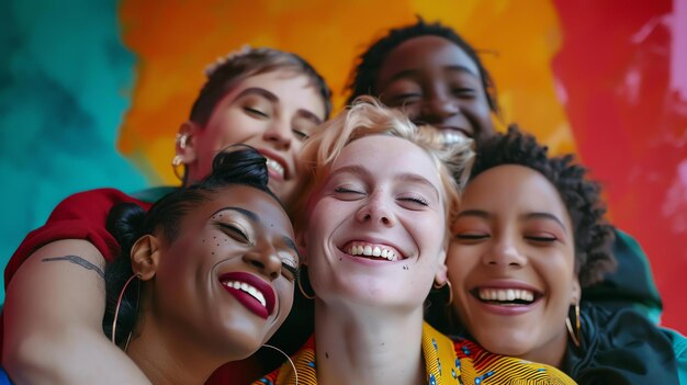 Foto um grupo de mulheres jovens diversas e bonitas estão rindo e abraçando-se