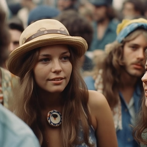 Um grupo de mulheres jovens em um festival hippie paradas uma ao lado da outra em um concerto Gerado por IA Gerador de IA Gerador de IA