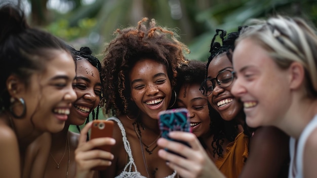 Um grupo de mulheres jovens estão sorrindo e segurando seus telefones celulares