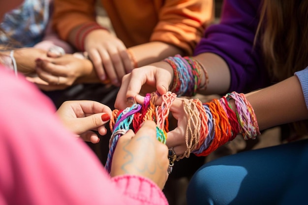 um grupo de mulheres jovens usando pulseiras coloridas