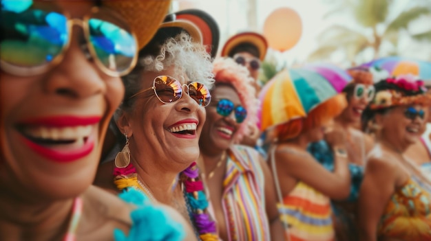 Um grupo de mulheres mais velhas estão sorrindo e usando óculos de sol e chapéus coloridos