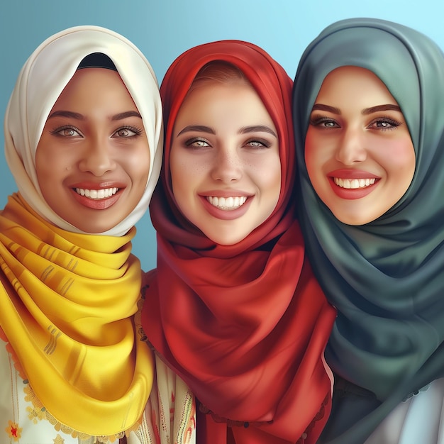um grupo de mulheres multiétnicas com hijab de cores diferentes em suas cabeças