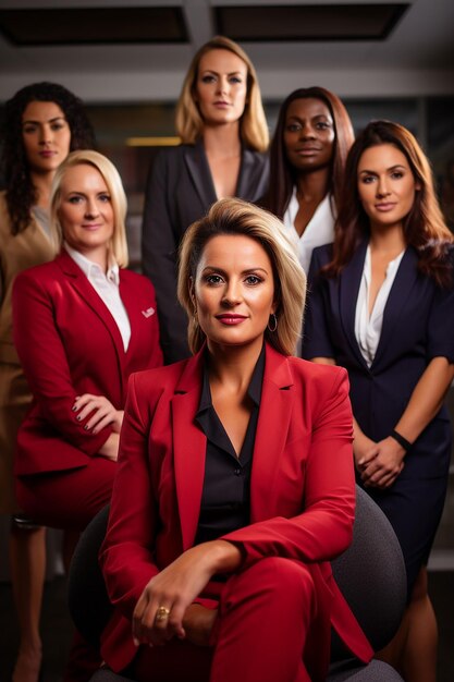 Foto um grupo de mulheres num ambiente de escritório moderno, cada uma representando uma profissão diferente