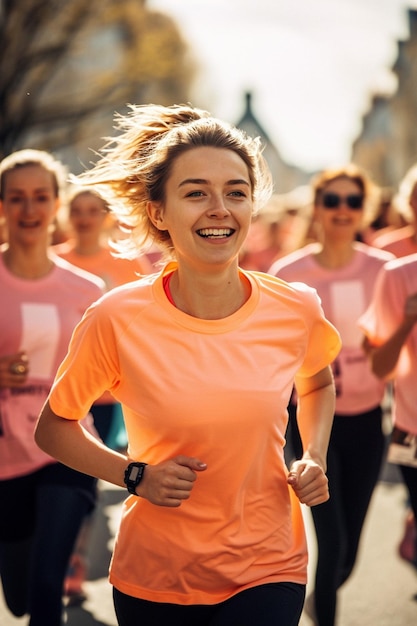 um grupo de mulheres participando de uma corrida de caridade para o Dia da Mulher