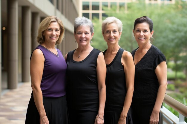 um grupo de mulheres posam para uma foto na frente de um edifício