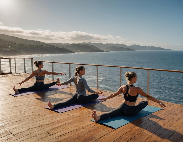 um grupo de mulheres praticando ioga em um navio de cruzeiro