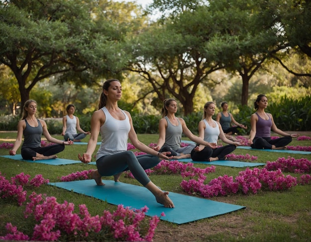 um grupo de mulheres praticando ioga em um parque com flores roxas