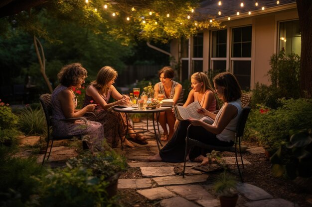 Um grupo de mulheres sentadas em torno de uma mesa do lado de fora