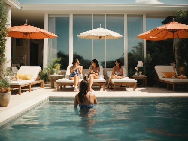 um grupo de mulheres sentadas em torno de uma piscina em uma casa com uma mesa de bilhar