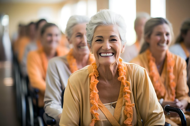 Um grupo de mulheres sorrindo e vestindo camisetas laranja com as palavras "mulheres" nelas.