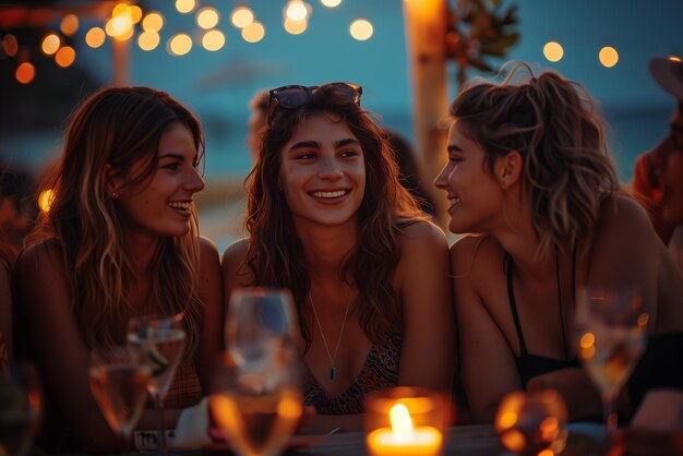 um grupo de mulheres tomando bebidas lá fora durante uma noite de verão