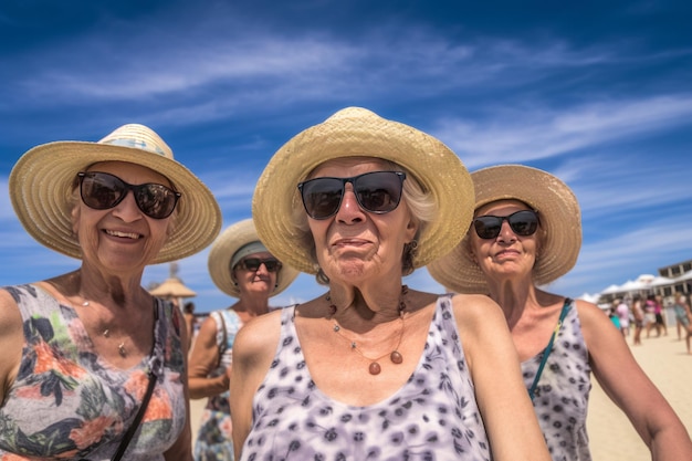 Um grupo de mulheres usando chapéus está na praia.