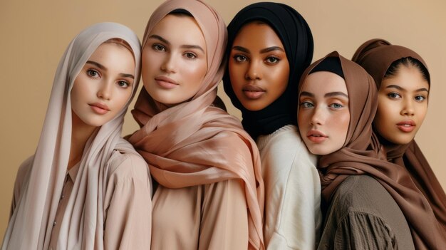 Foto um grupo de mulheres vestindo hijabs castanhos e castanhos estão de pé juntos