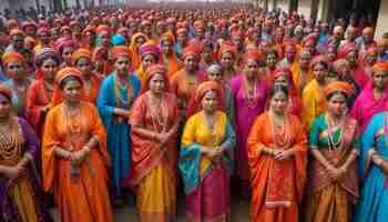 Foto um grupo de mulheres vestindo saris coloridos estão de pé juntos