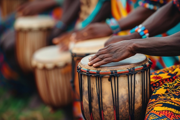 Um grupo de músicos africanos tocando tambores de couro CloseUp Detalhe em mãos