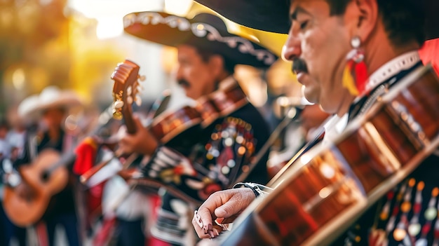 Um grupo de músicos de mariachi executa música tradicional mexicana em uma rua movimentada