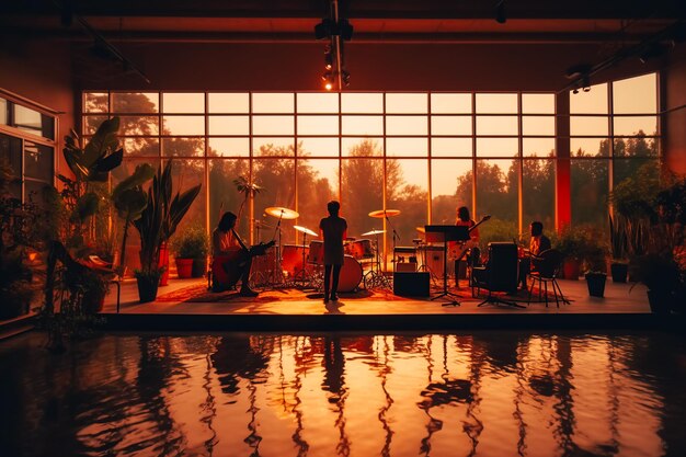 Um grupo de músicos de pé em uma velha piscina coberta grande