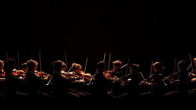 Um grupo de músicos tocando violinos em uma sala escura a única luz vem da frente que cria um efeito dramático