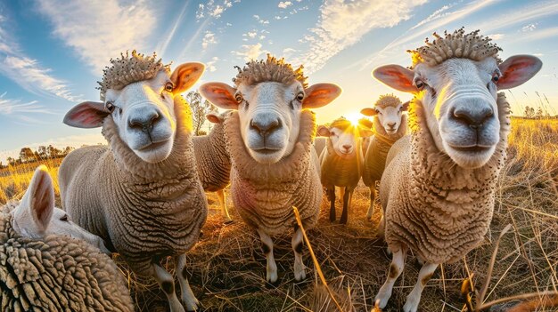 Um grupo de ovelhas de pé juntos no topo de um campo de grama seca