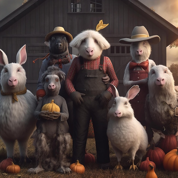 um grupo de ovelhas e um homem com um chapéu que diz coelho.