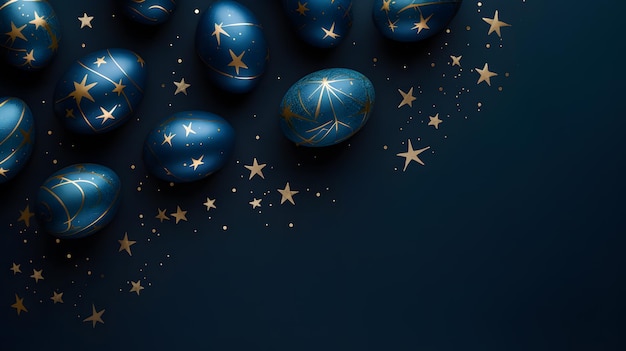 um grupo de ovos azuis com estrelas douradas sobre um fundo azul