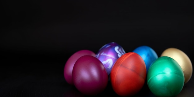 Um grupo de ovos de páscoa coloridos em um fundo preto