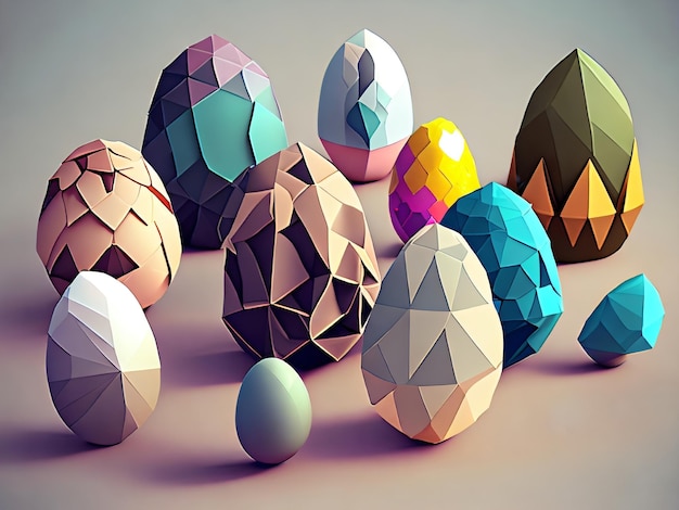Um grupo de ovos de páscoa com diferentes cores e formas.
