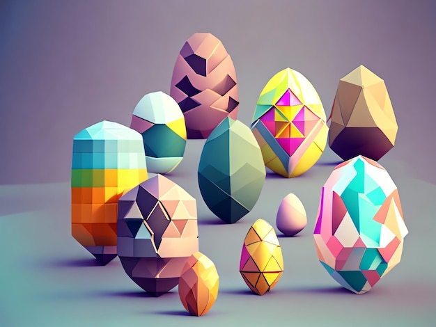 Um grupo de ovos de páscoa com diferentes cores e formas.
