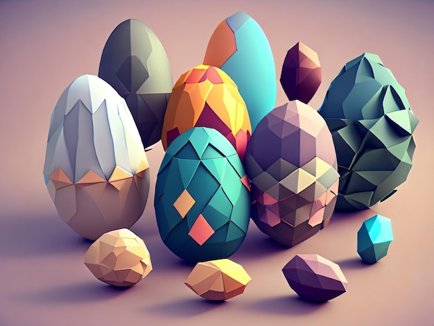 Um grupo de ovos de páscoa com diferentes formas e cores.