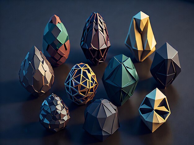 Um grupo de ovos de páscoa de papel com diferentes formas e cores.
