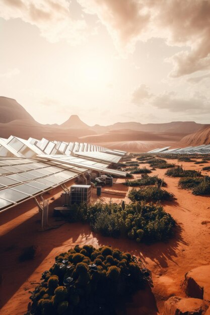 Um grupo de painéis solares no deserto imagem Generative AI